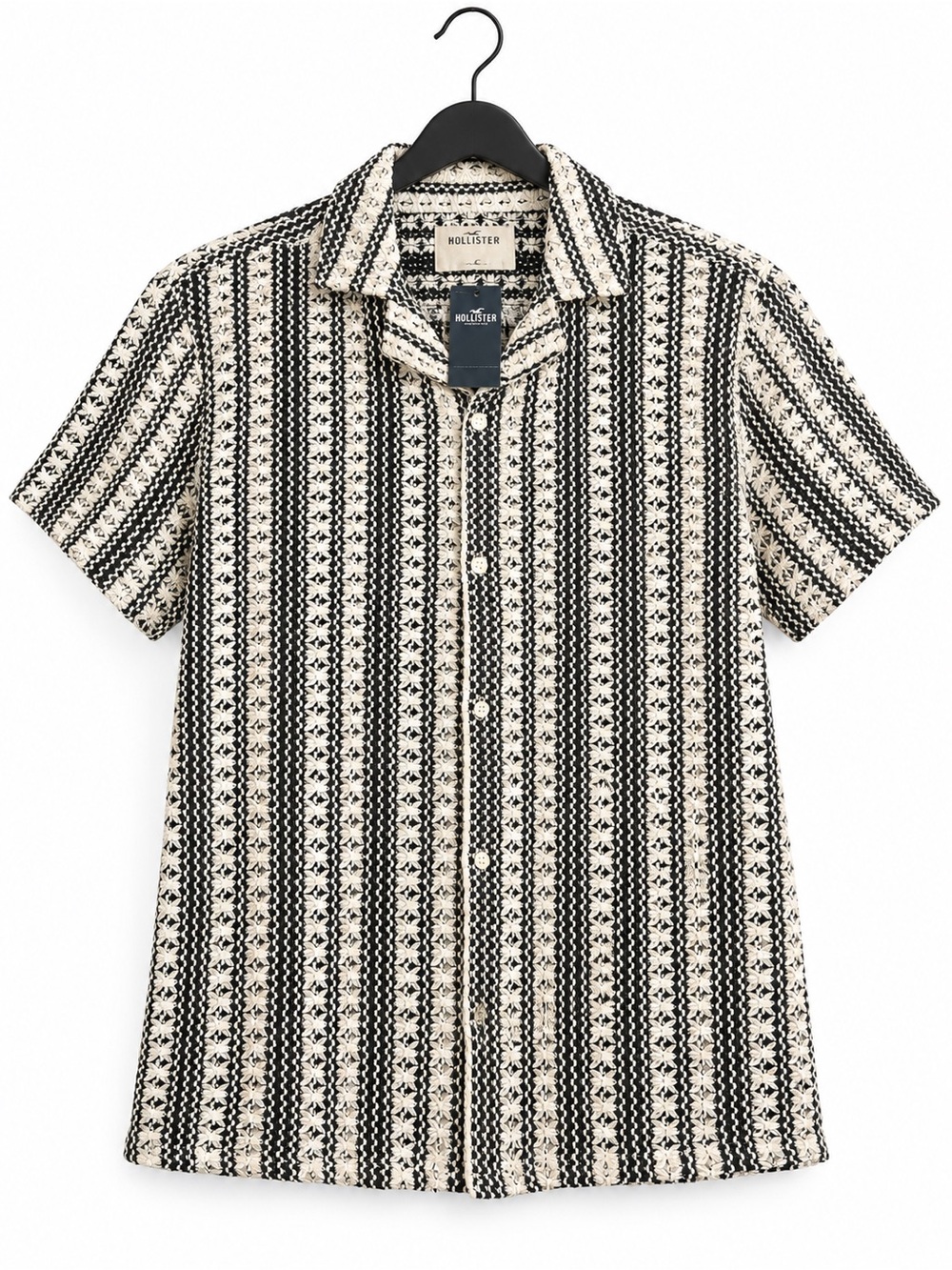 Hollister Black and White Vertical Pattern Short-Sleeve Button-Up Shirt